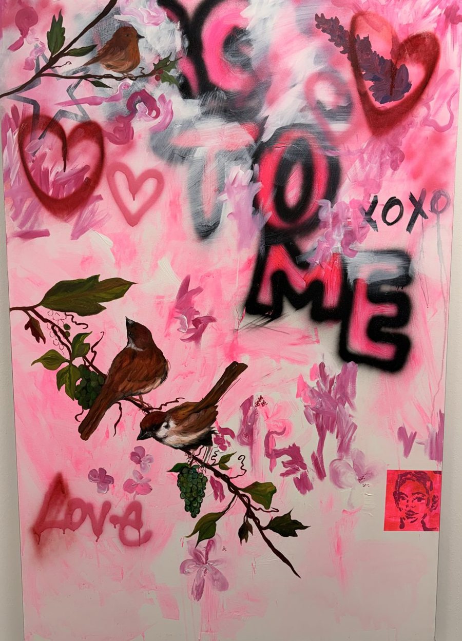 Large canvas by Rosie Dilys: sparrows and a robin on vines over pink paint, hearts and the sprayed words Back to Me and Love